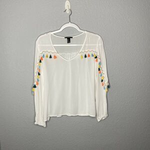 Forever 21 White Crinkle W/ Multi-Color Tassels Size Large
